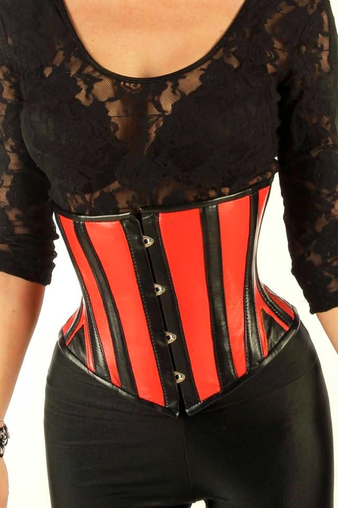 Underbust Leather Corset Cinched Red and Black Combo E3
