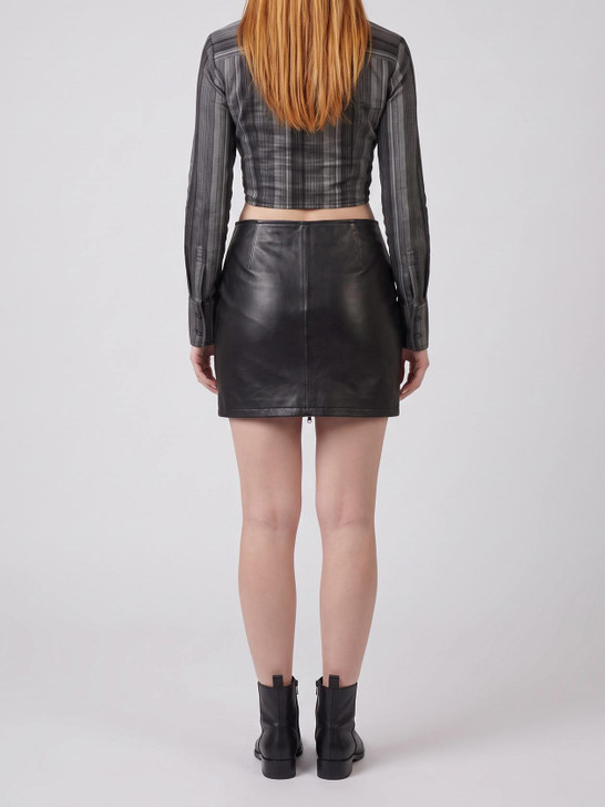 Black Leather Mini Skirt with Slit - Back