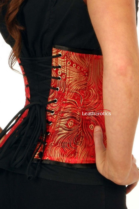 Side View of Red Brocade Steel Boned Underbust Corset