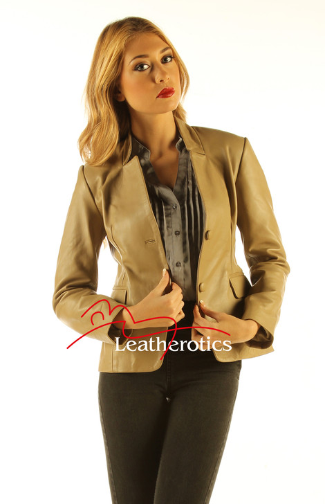 Ladies Tan Leather Blazer Jacket Classic Stylish Coat front view detail