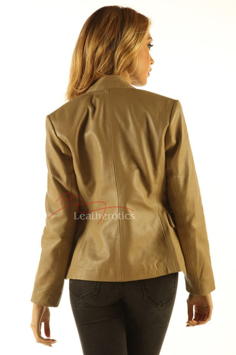Ladies Tan Leather Blazer Jacket Classic Stylish Coat back view