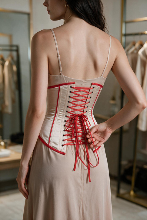 steel boned pink silk colour corset from leatherotics