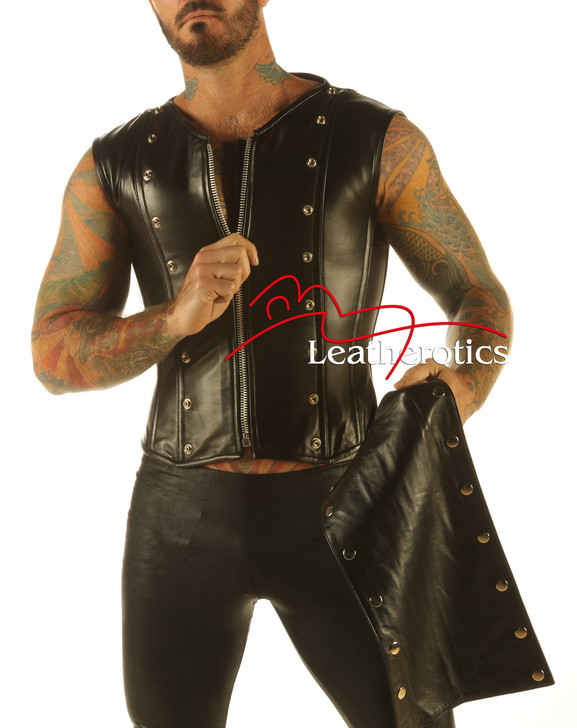 Mens Black Leather Waistcoat Vest Victorian Corset Steel Boned GOTH  Military - STEAM2 - Leather Addicts