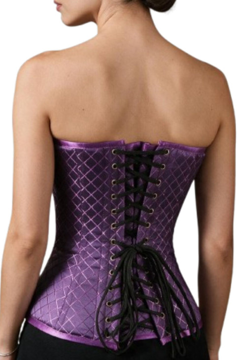 Back view of purple brocade corset with adjustable lace-up fastening