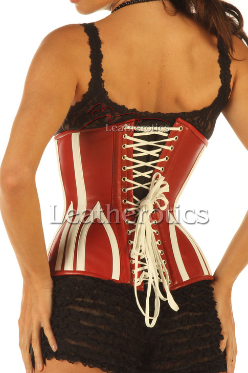 Detailed view of leather binding, reinforced boning channels and durable cotton lacing