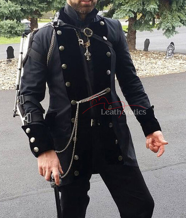 This men’s velvet gothic tailcoat features black velvet cuffs, ornate silver buttons, and vintage steampunk style — perfect for cosplay, parties, or formal gothic fashion