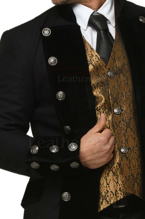 This men’s red velvet gothic tailcoat features black velvet cuffs, ornate silver buttons, and vintage steampunk style — perfect for cosplay, parties, or formal gothic fashion.
Victorian-inspired men’s red velvet jacket with black detailing and buttoned cuffs. A bold steampunk coat for unique style.
Elegant men’s gothic tailcoat in deep red velvet, styled with contrasting black accents. Ideal for evening wear, cosplay, and steampunk events.
Classic long gothic velvet coat for men with dramatic cuffs.