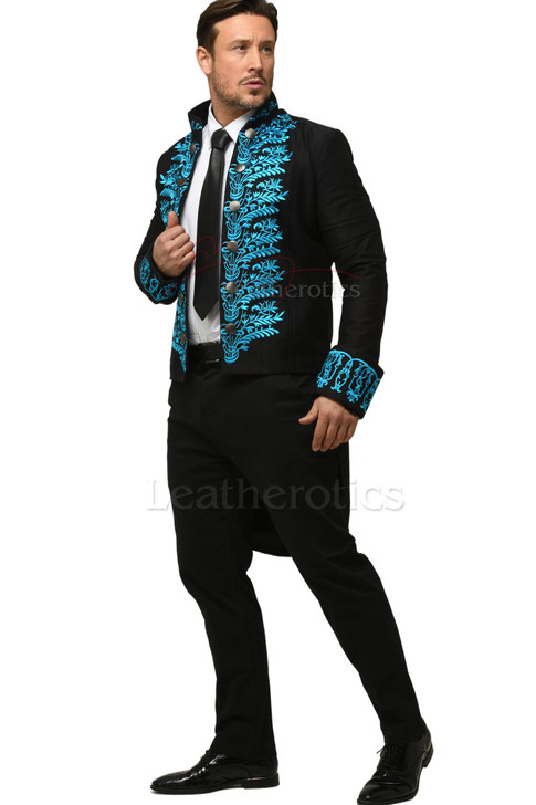 Long Tailcoat Jacket with Blue Embroidery - side
