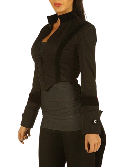 Side profile of black Victorian jacket with fitted waist and long tails