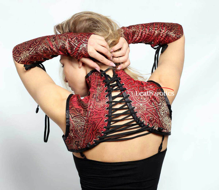 Maroon LARP Shoulder Corset With Gloves - Back View