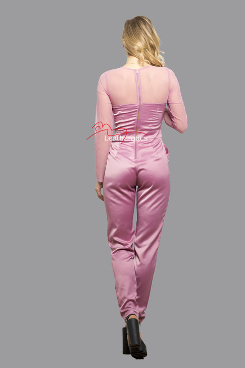 Plunge Jumpsuit/Playsuit/Catsuit All In One Dress With Mesh Arms Pink Back View