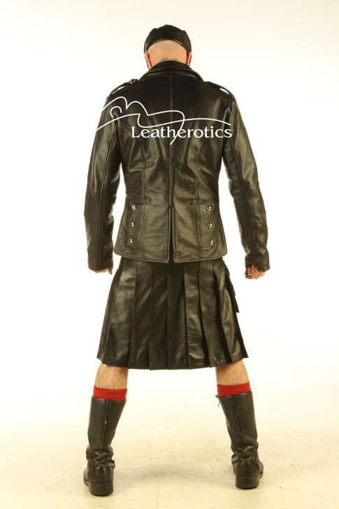 Back view of black leather Prince Charlie jacket with tailored fit