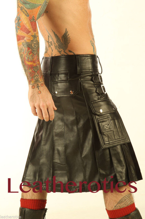 Side profile of men's full grain leather kilt jacket and pleated kilt set