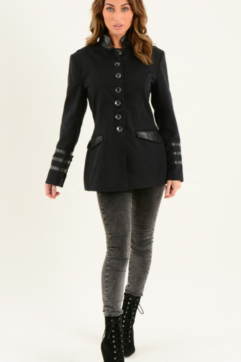 Ladies Black Cotton Military Style Smart Blazer Jacket with Lapel Collar