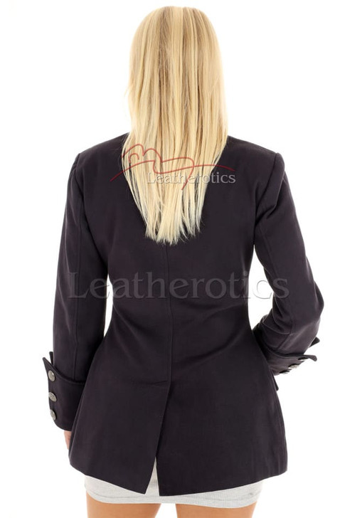 Back view of black military style jacket with tailored fit and elegant steampunk-inspired design