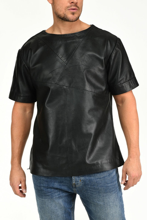 Mens Leather T-Shirt Perforated