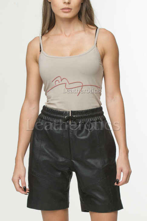 Black leather shorts perforated - front