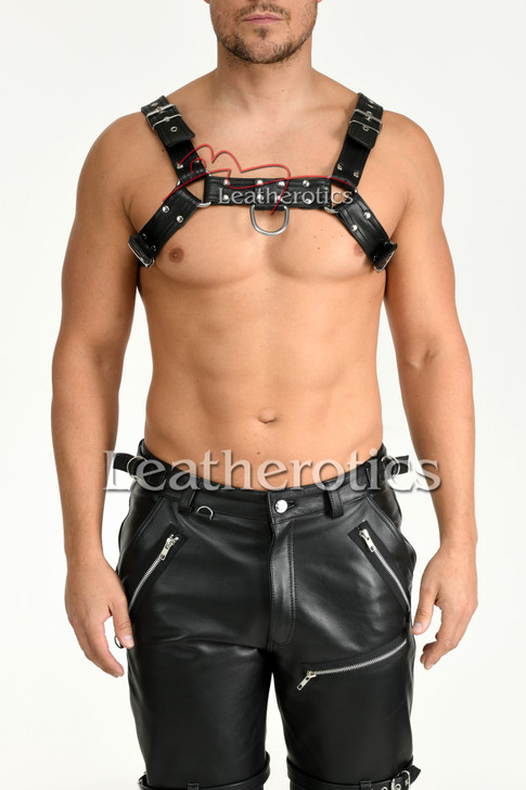 Mens leather harness + metal rings  (front 2)