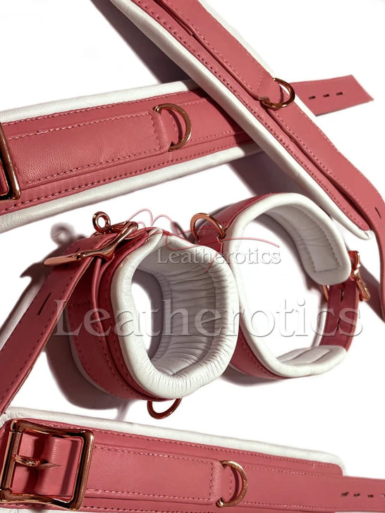 Pink white leather arm ankle neck cuff set 5 piece 3