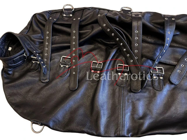 Close-up of the two wide, adjustable heavy-duty leather belts on the leg section of the B4 bondage body bag.