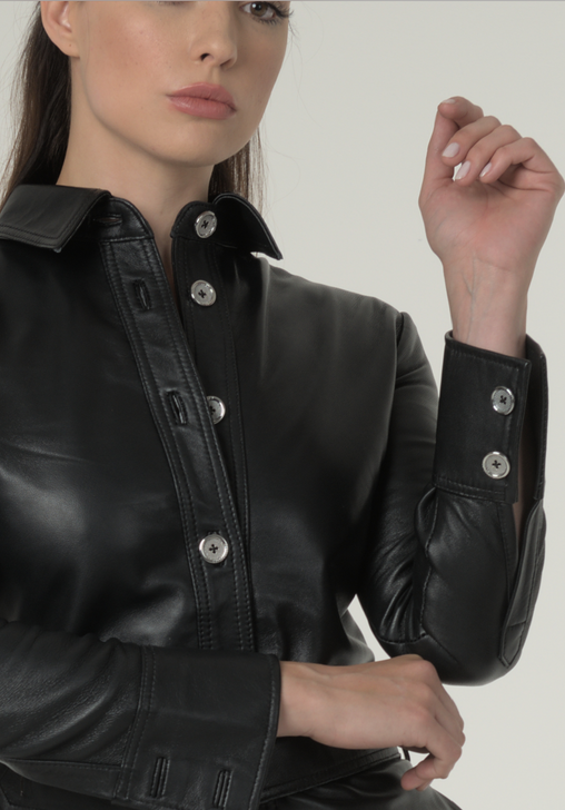 Black Leather Shirt Midi Dress - details