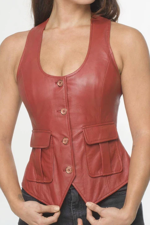 Red Leather Waist Coat Top