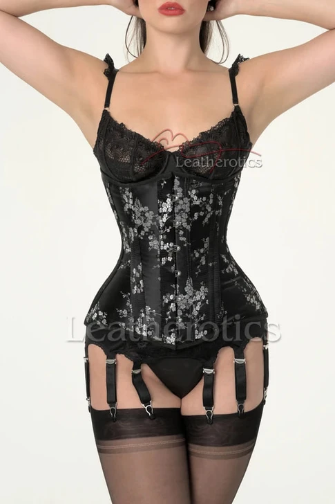 Strong Black Cherry Blossom Silk UnderBust Corset