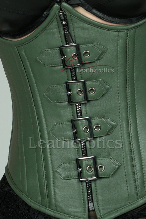 Detailed macro shot of the olive green satin fabric on the 1803 corset, showcasing the rich color depth and high-quality reinforced stitching.