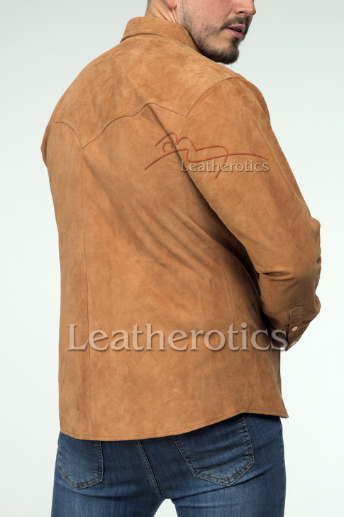 Tight leather shirt back view