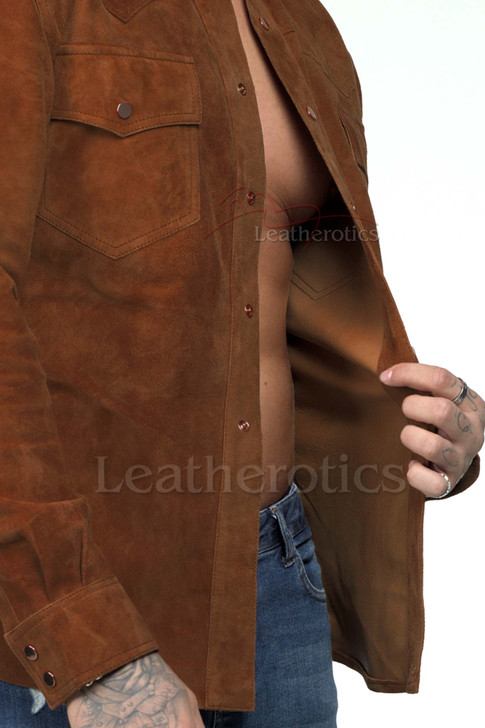 Burnt Brown Suede shirt interior lining and stitching detail