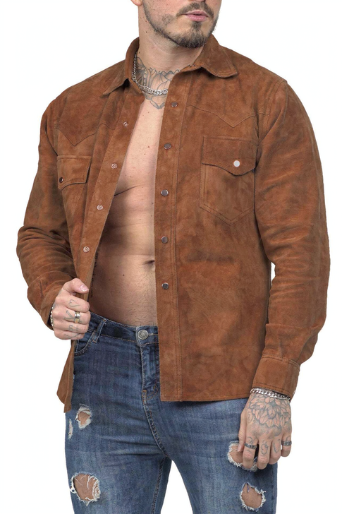 Men's Suede Western Shirt - Premium Brown Suede, Western Yoke