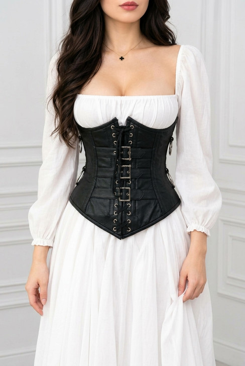 Black Underbust Leather Unisex Gothic Corset Buckled