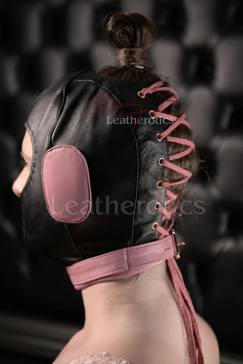 Back view of BDSM silent play hood showing corset-style lace tie closure