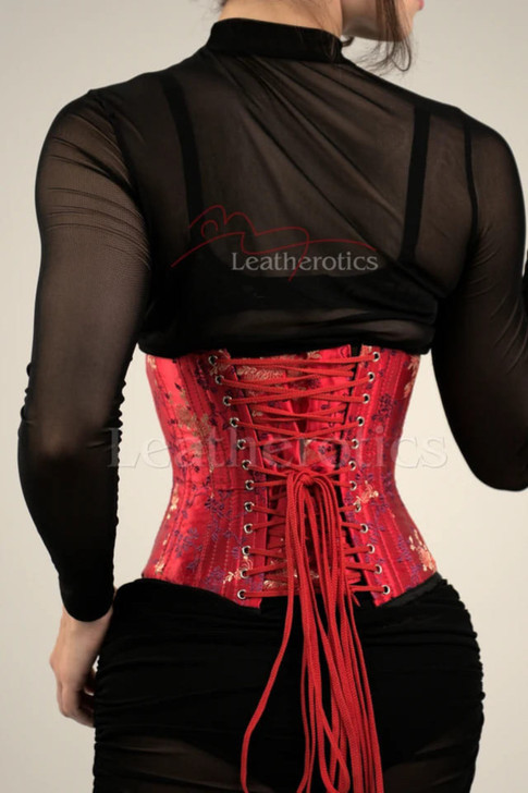 Back lace-up detail of red floral underbust corset
