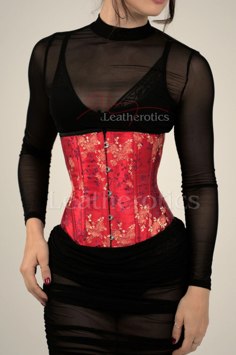 Front view of women's red floral underbust silk corset
