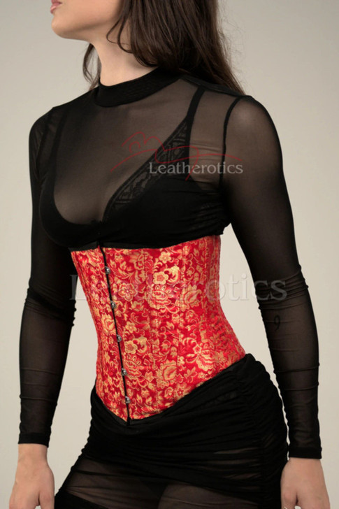 Front view of women's red floral underbust silk corset