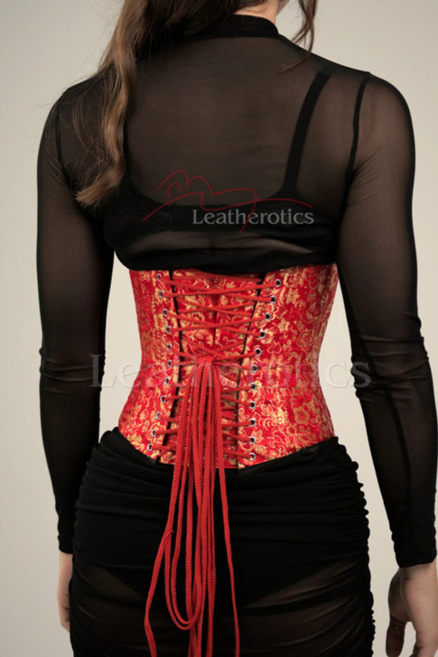 Back lace-up detail of red floral underbust corset