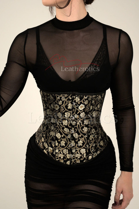 Front view of black and gold floral underbust corset