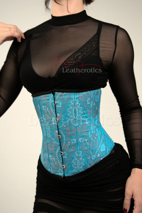 Front view of turquoise floral underbust silk corset