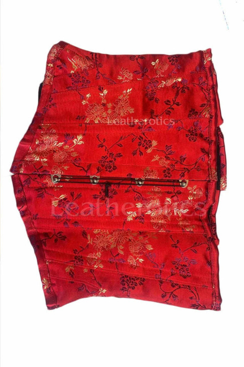 Women's red floral underbust silk corset with black satin trim and steel boning