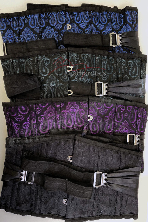 Interior view of the 1827 corset showing the soft cotton lining and internal steel boning channels, paired with the official Leatherotics sizing guide for a perfect fit.