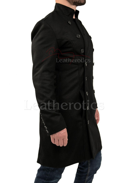 Black Double Breasted Military Wool Coat Side View