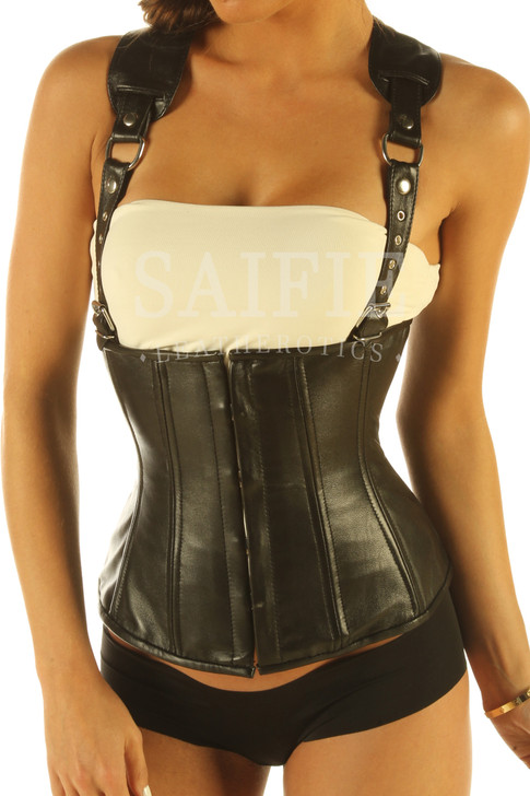 Black Womens Underbust Leather Corset With Harness