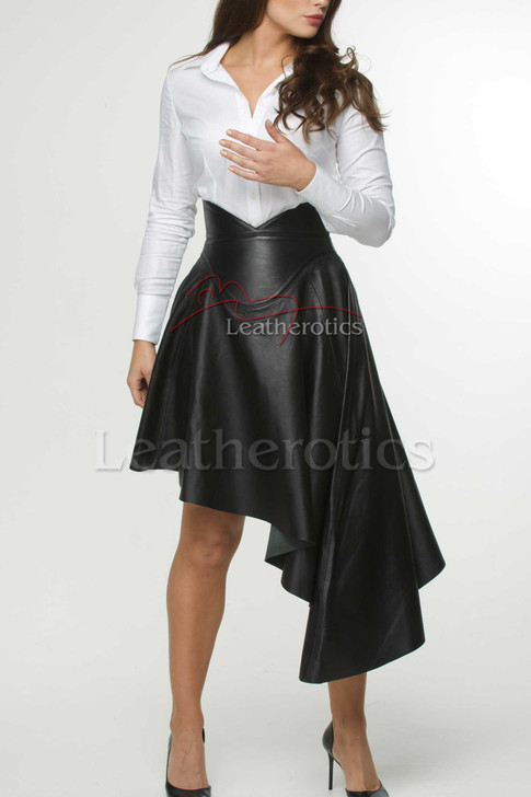Women's black asymmetric draped leather skirt with obi belt waist and elegant knee-length silhouette