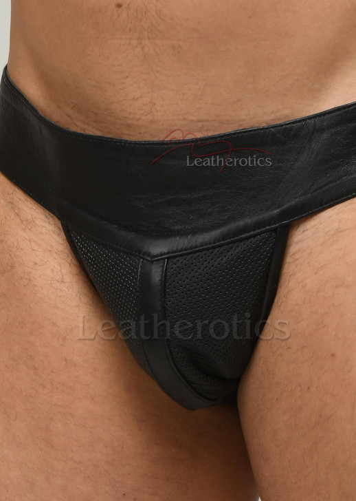 Perforated Black Leather Jock Pouch Underwear - front details