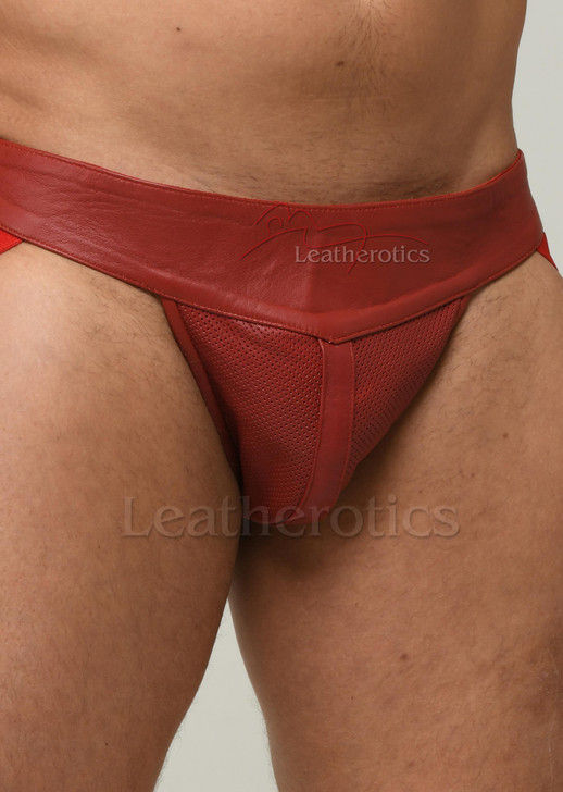 Perforated Red Leather Jock Pouch Underwear - front details