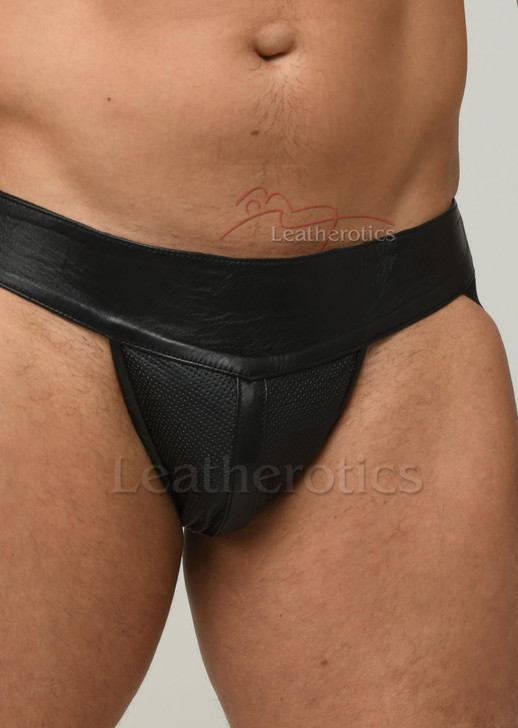 Perforated Black Leather Jock Pouch Underwear - side details
