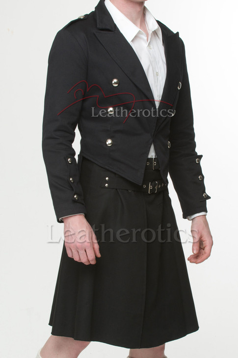 Side profile of men's tailored Prince Charlie jacket with black cotton wraparound kilt
