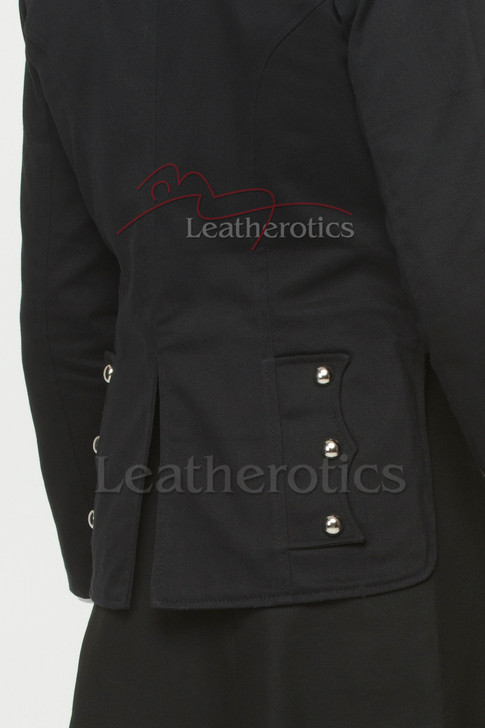 Back view of black cotton pleated kilt and Prince Charlie style jacket with tailored fit