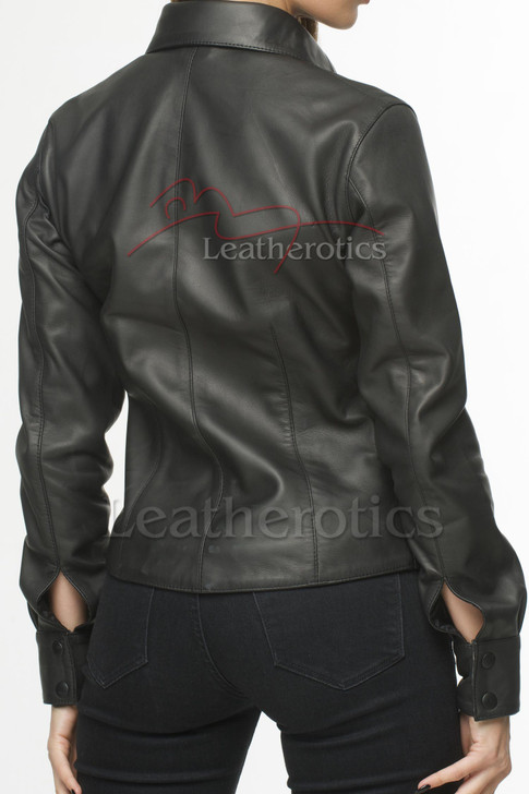 Women's leather shirt back view